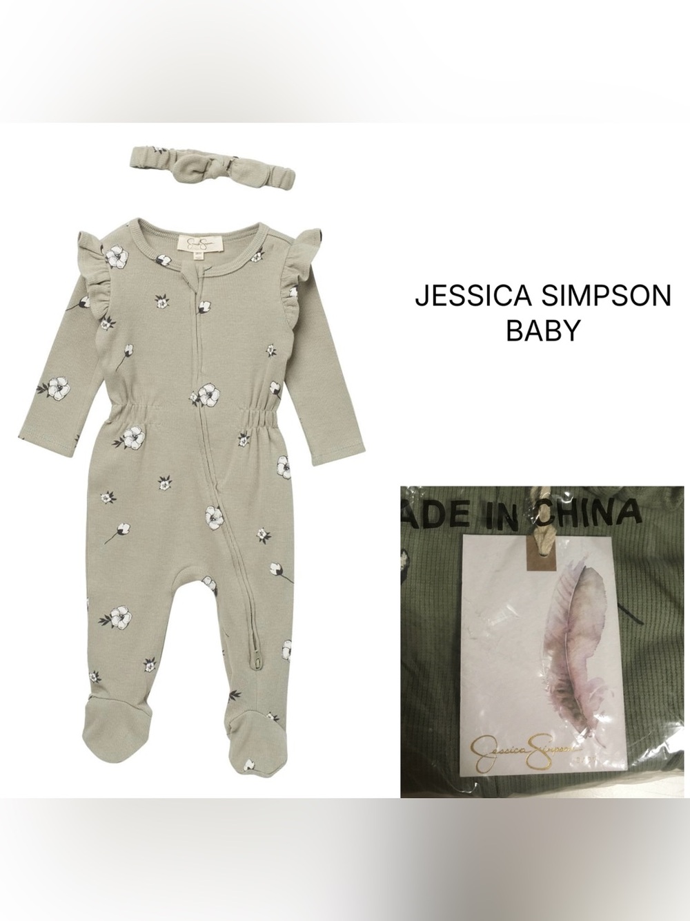 JESSICA SIMPSON BABY - 6/9M - NWT - 2PC GREEN FLORAL SLEEPER AND HEADBAND